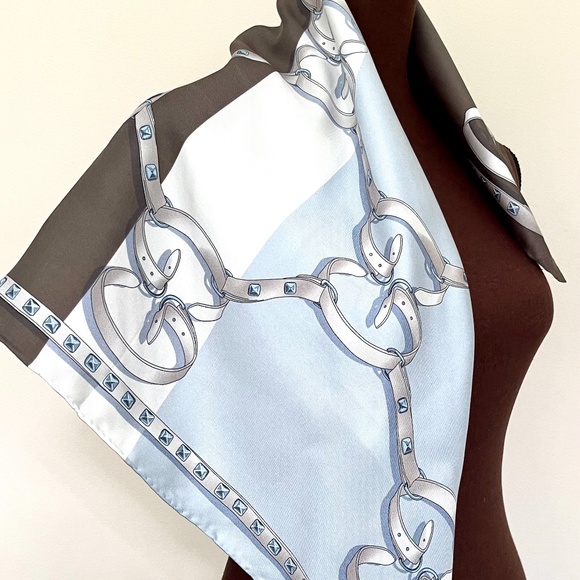 Gucci Logo Chains Color-Block Brown Blue GG Silk Scarf - Picture 5 of 13